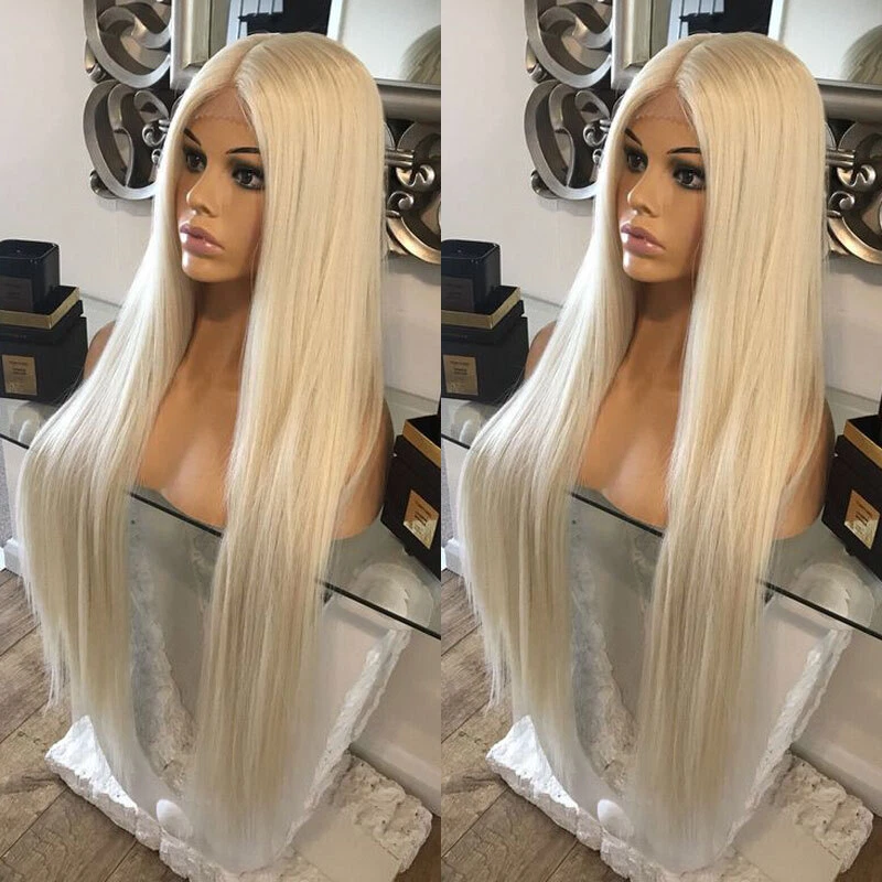Perucas frontais de renda resistente ao calor cabelo sintético longo reto platina loiro - Imagem 3 de 4