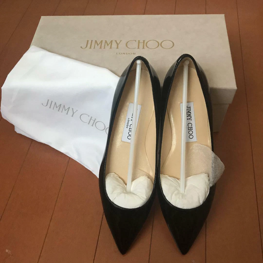JIMMY CHOO ALINA Pointed Flat Shoes Brand New Black Enamel Ship From JPN F/S