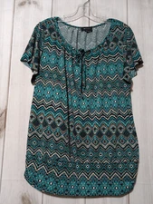 AB Studio Shirt Ladies Large Aquamarine Black Short Sleeve Stretchy