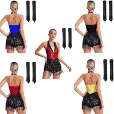 Women Leotards Ballroom Costumes Halter Outfits Rumba Bodysuit Sequin Backless