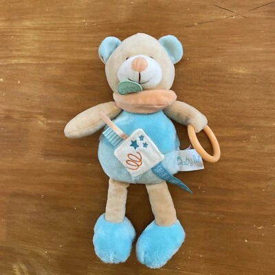 Peluche Babynat Super Doudou D’Activités Ours Beige Bleu Pantin Anneau BN0213 - Photo 1/4