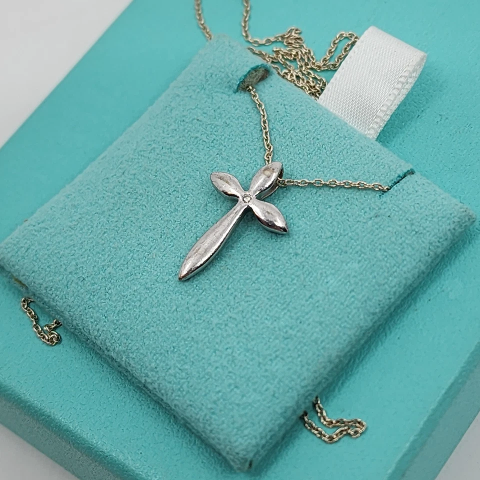 Tiffany & Co Elsa Peretti Cross Pendant Necklace Sterling Silver & Diamond 27" - Image 2 of 4
