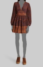 $695 Ulla Johnson Women's Brown Silk Hayana Balloon Sleeve A-Line Dress Size 10