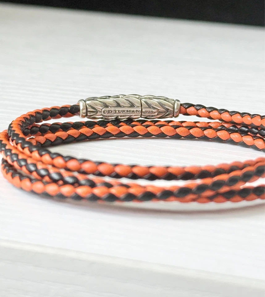 David Yurman Chevron Orange & Black Triple Wrap Leather Bracelet in Silver - Image 2 of 3