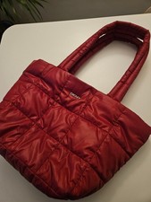 DKNY Red Quilted Puffer Tote Bag Large Shoulder Handbag Nylon Zip Logo