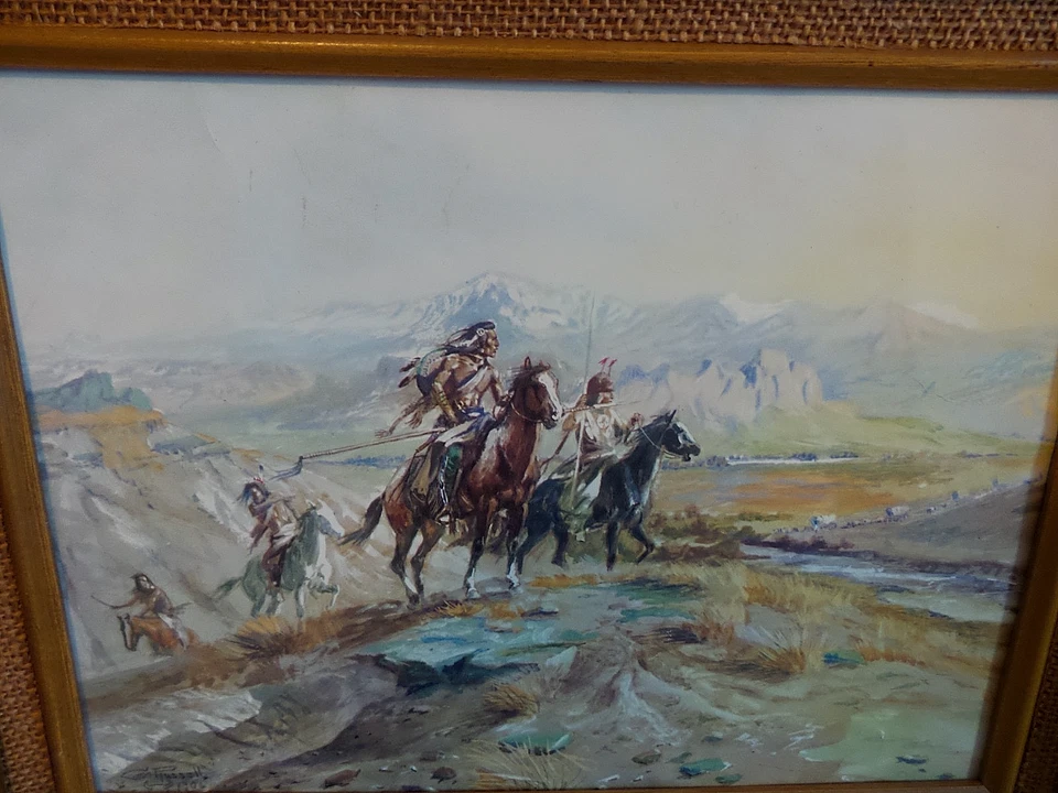 Placa litográfica rara vintage Charles M Russell "intrusos" emoldurada 16"x13" - Imagem 3 de 4