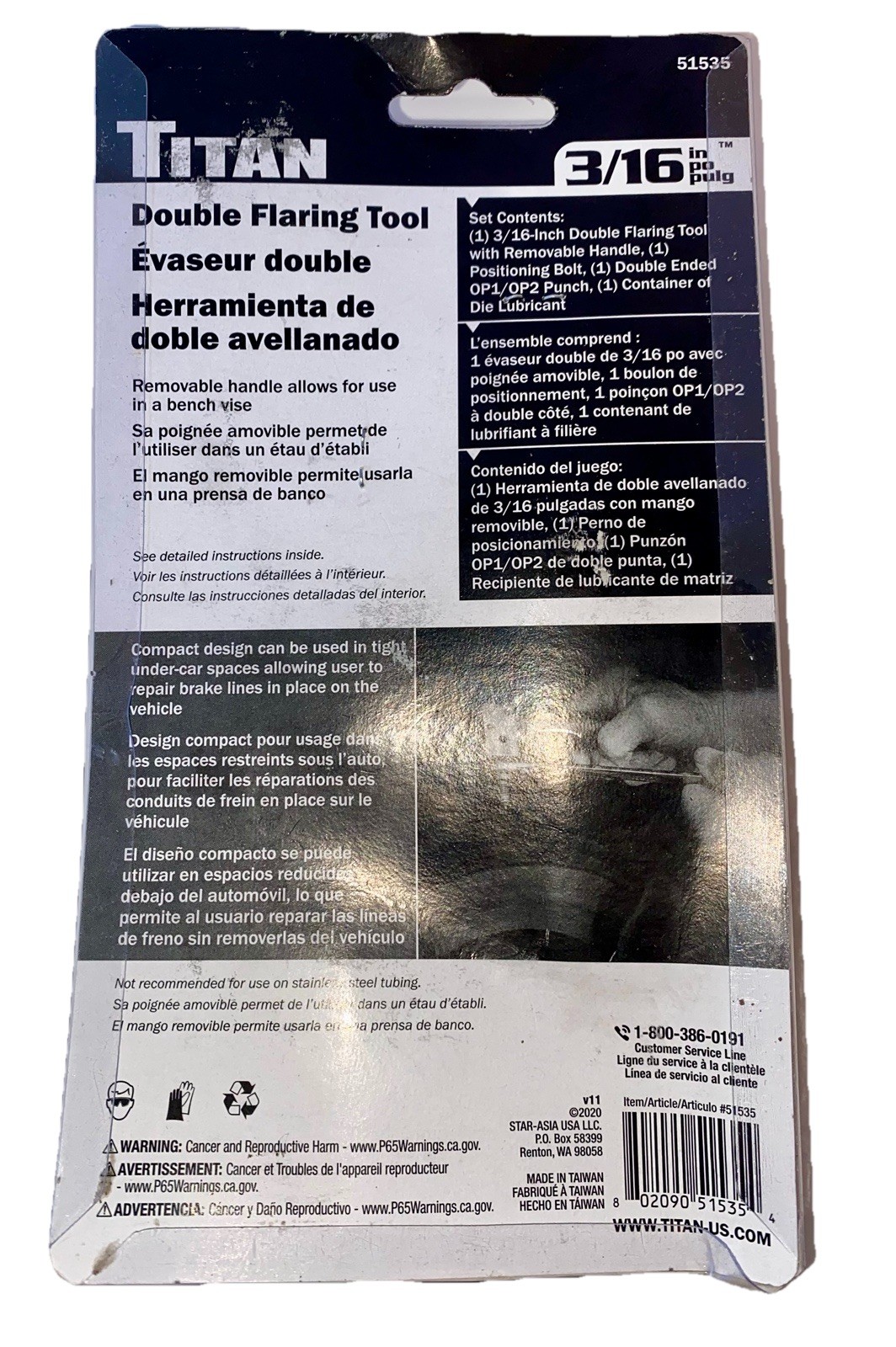 TITAN Double Flaring Tool 45-Deg SAE 3/16" Steel Nickel Tube 51535 Brake Line