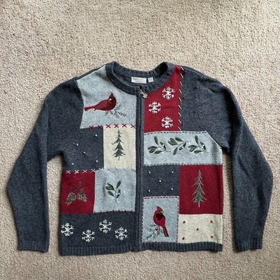 Croft & Barrow Sweater Womens Large Full Zip Birds Ramie Acrylic Silk Colorblock