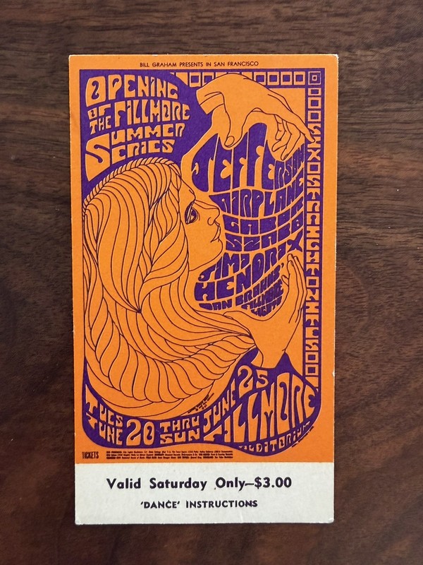 Original Jimi Hendrix 1967 Fillmore Ticket - BG69 - Saturday Night Show