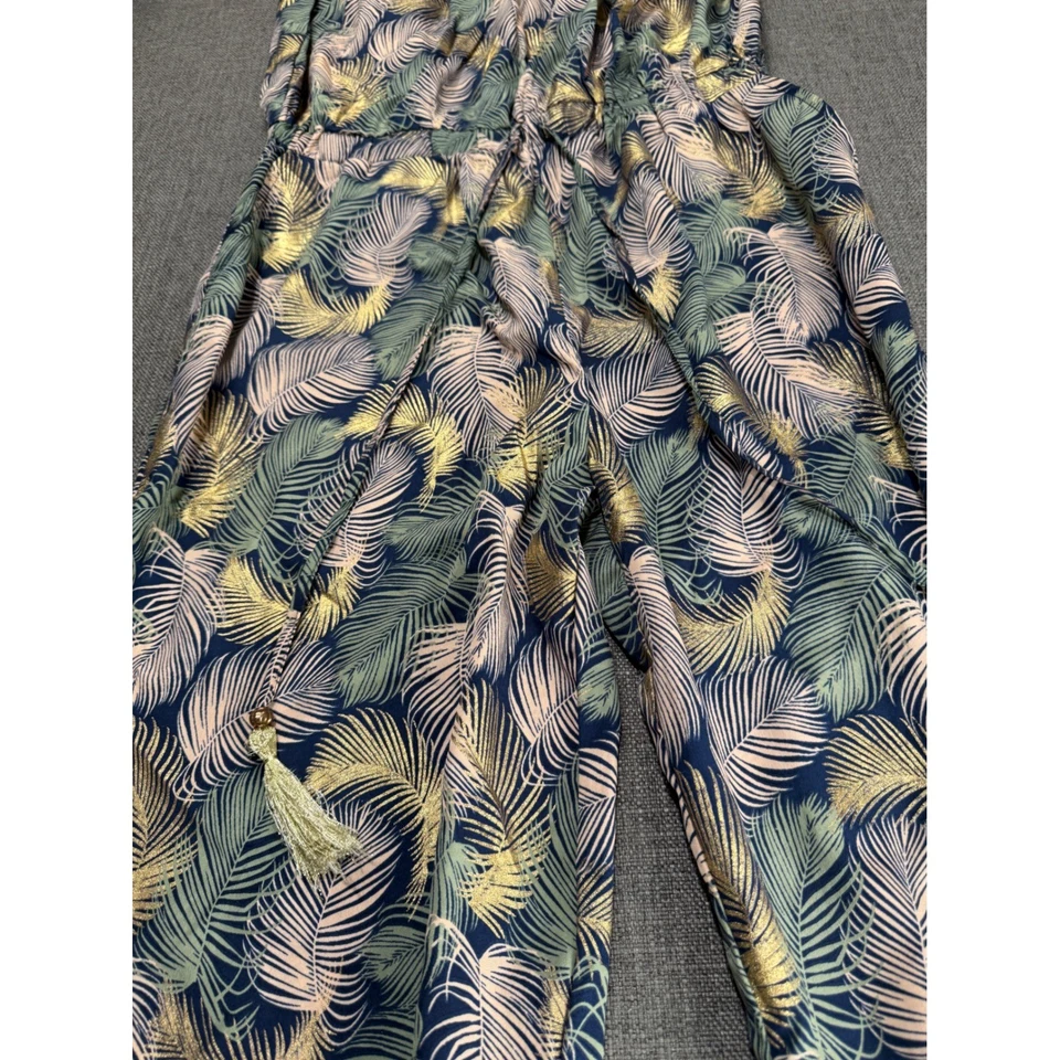 Womens Tropical Leaf Print Strapless Jumpsuit Boho Wide Leg Pants Tassel - Image 2 of 4