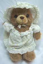 Vintage RUSS CUTE BROWN TEDDY BEAR IN BONNET DRESS 11" Plush STUFFED ANIMAL
