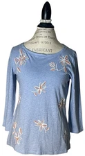 Talbots Sz Petite M Blue Floral Embroidered Blouse Shirt Top Summer Spring Artsy