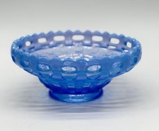 Vtg. Fenton Blue Opalescent Glass Candy Dish w/Open Lace Edge Basket Weave Bowl