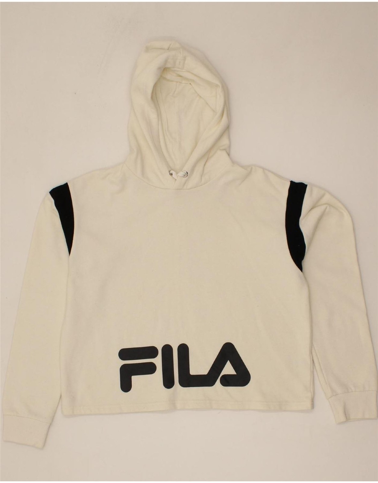 Maglione FILA donna con cappuccio grafica crop UK 16 Large Off White colorblock CD07