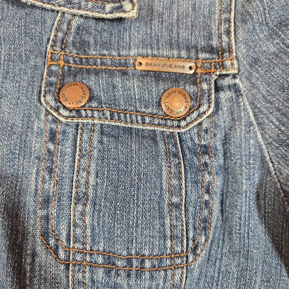 Chaqueta vaquera vintage DKNY para mujer azul medio denim ajustada peplum cremallera frontal Y2K Foto 3 de 4