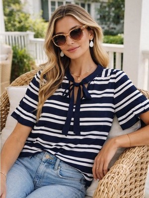 Draper James Navy Stripe Tie Neck Blouse Size 4 Preppy Chic Coastal