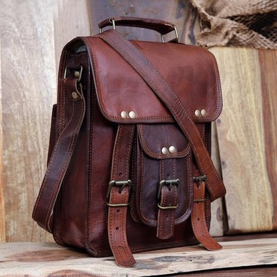 Goat Leather Messenger 15'' Satchel Shoulder Crossbody Vintage Bag Brown