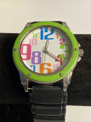 Quartz  Wristwatch Silver Tone Round Face Colorful Numbers Black Buckle Band