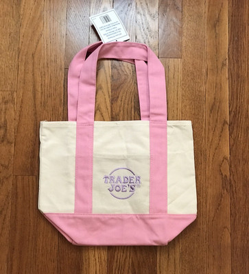 Trader Joes, Mini Tote, Bag, Canvas, Dble Handle, Delicate Pink/Purple Embroidry