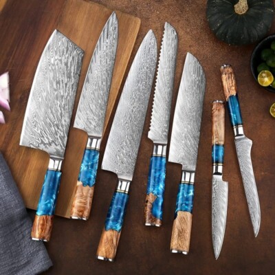 Custom Handmade 7Pieces Damascus Steel Kitchen Knife Set Chef Knife Set With Bag