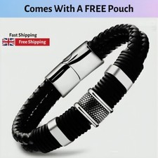 Men's PU Black Leather Bracelet Multilayer Braided Wristband Stainless Steel UK