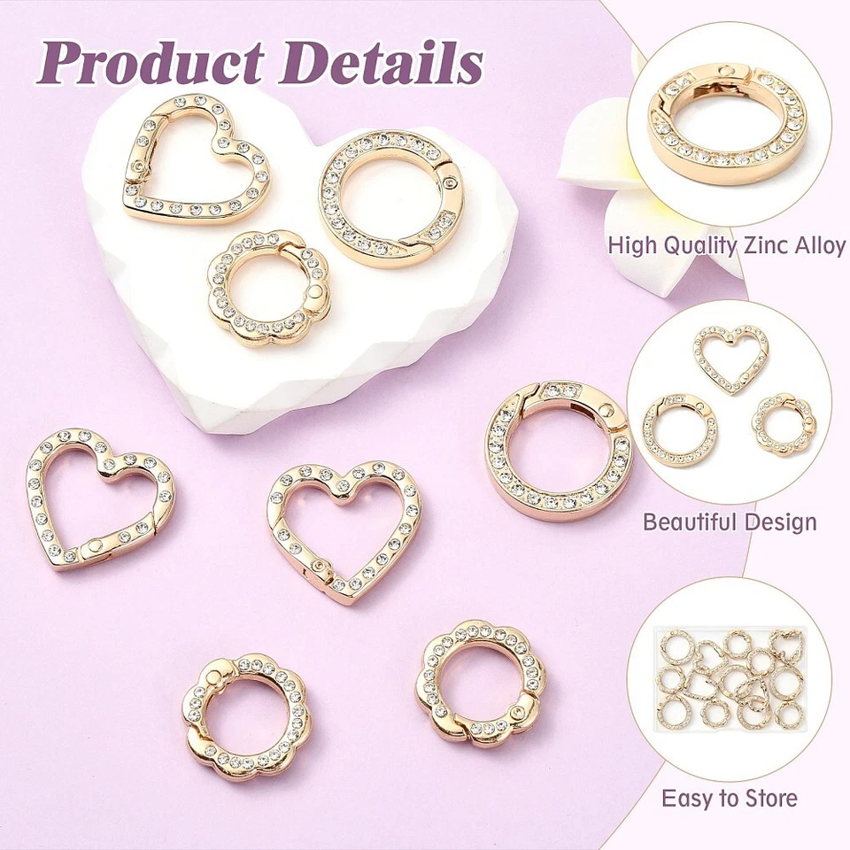 15x Anel de Flor de Coração Anéis de Portão de Mola com Strass Ouro para Pingentes de Chaveiro - Imagem 3 de 4