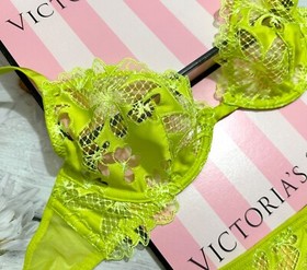 Victoria's Secret LUXE Unlined Floral Embroidered Demi Bra Thong Set Limelight