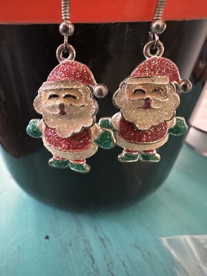 Vintage Articulated Sparkly Enamel Santa Claus Earrings