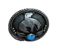 TONY GARCIA NAVAJO STER. SILVER TURQUOISE INDIAN ON HORSE BELT BUCKLE VINTAGE