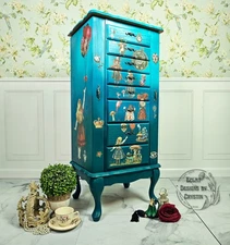 Blue Alice in Wonderland Handmade Jewelry Armoire - Cheshire Cat, Queen of Heart