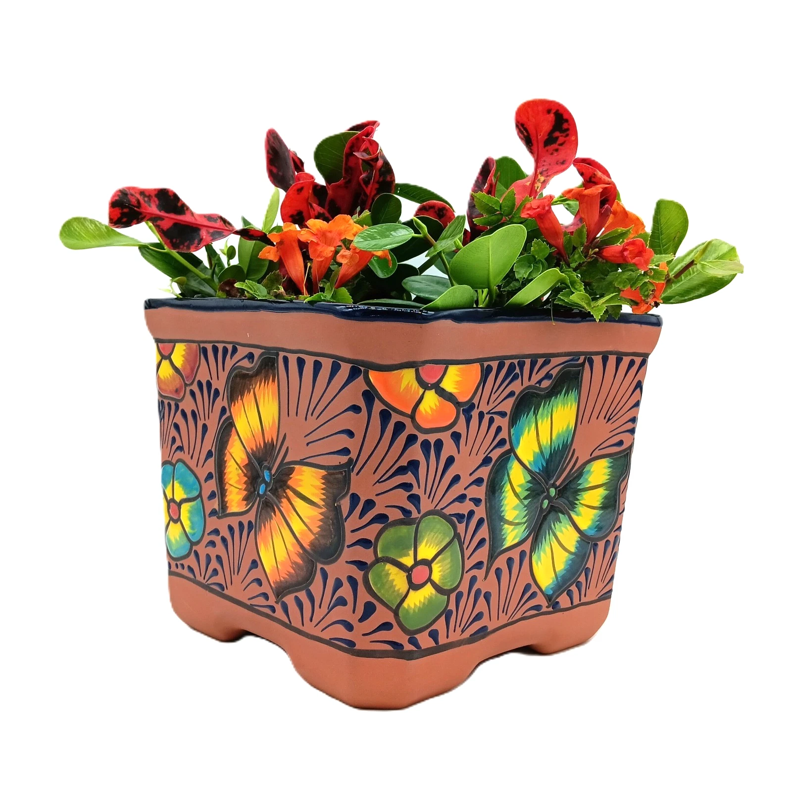 handmade large terracotta pottery planter square footed mexican hand painted engobe clay butterfly embossed relief beaded talavera ceramic flower pot flowerpot butterfly pattern mediterranean coastal art nouveau style outdoor patio collectible