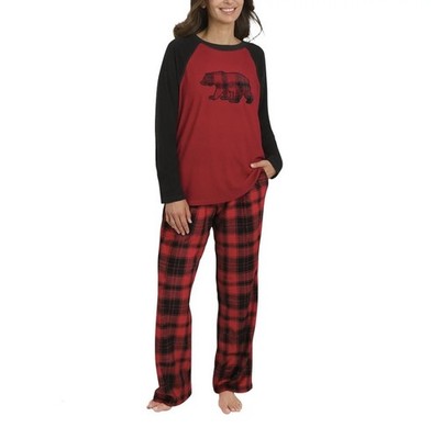NEW Eddie Bauer Women PJs Lounge Pajama 2-Piece Set  Bear Red Plaid Fleece XL