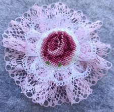 Handmade cross-stitch brooch, pink rose