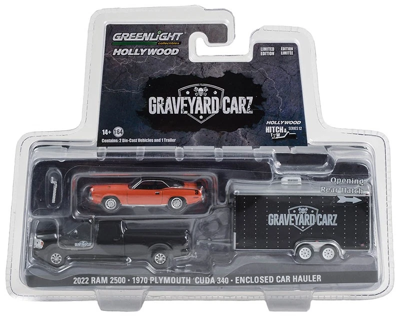 GREENLIGHT, DODGE Ram 2500 Black 2022 con rimorchio e PLYMOUTH Cuda 340 aranc... - Immagine 2 di 2