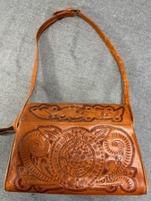 Vintage Mexican Leather Hand Tooled Handbag Floral Embossed Aztec Shoulder Bag
