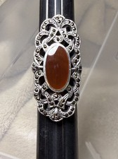 Victorian Sterling Silver Marcasite Carnelian Ring Size 7
