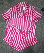 PRIMARK PINK SILKY SATIN STRIPED PYJAMA SET - TOP & SHORTS - SIZE 18 - BNWT