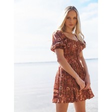 ULLA JOHNSON Juniper Mini Dress Womens 4 Rosebud Rust Print Puff Sleeve Cottage