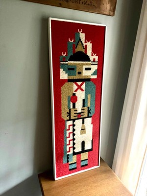 Vtg Framed Kachina Hook Rug | Native Kachina Rug In Frame | Pueblo Kachina Frame