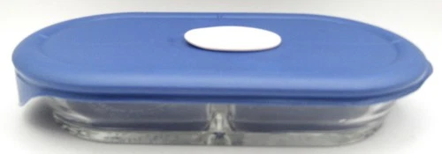 Vintage Pyrex 2 Cup Glass Divided Dish 8300 Blue Vented Lid Oval Oblong