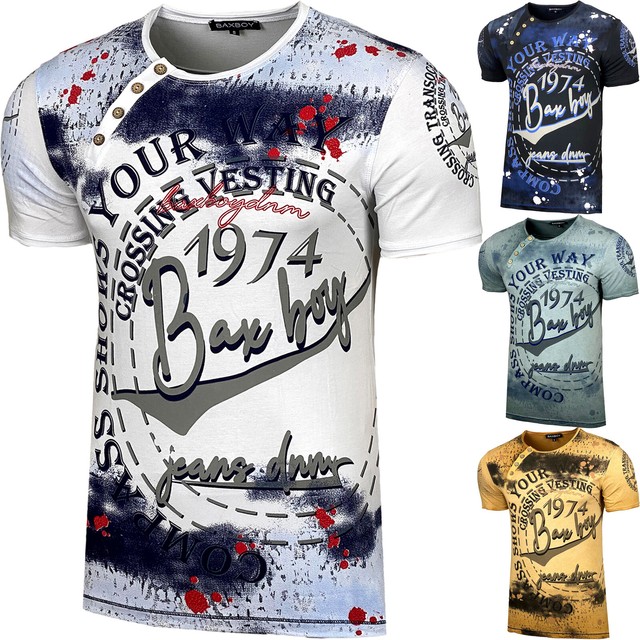 Baxboy Herren Used Look Rundhals T-Shirt Kurzarm Hemd Slim Fit Design Fashion 45