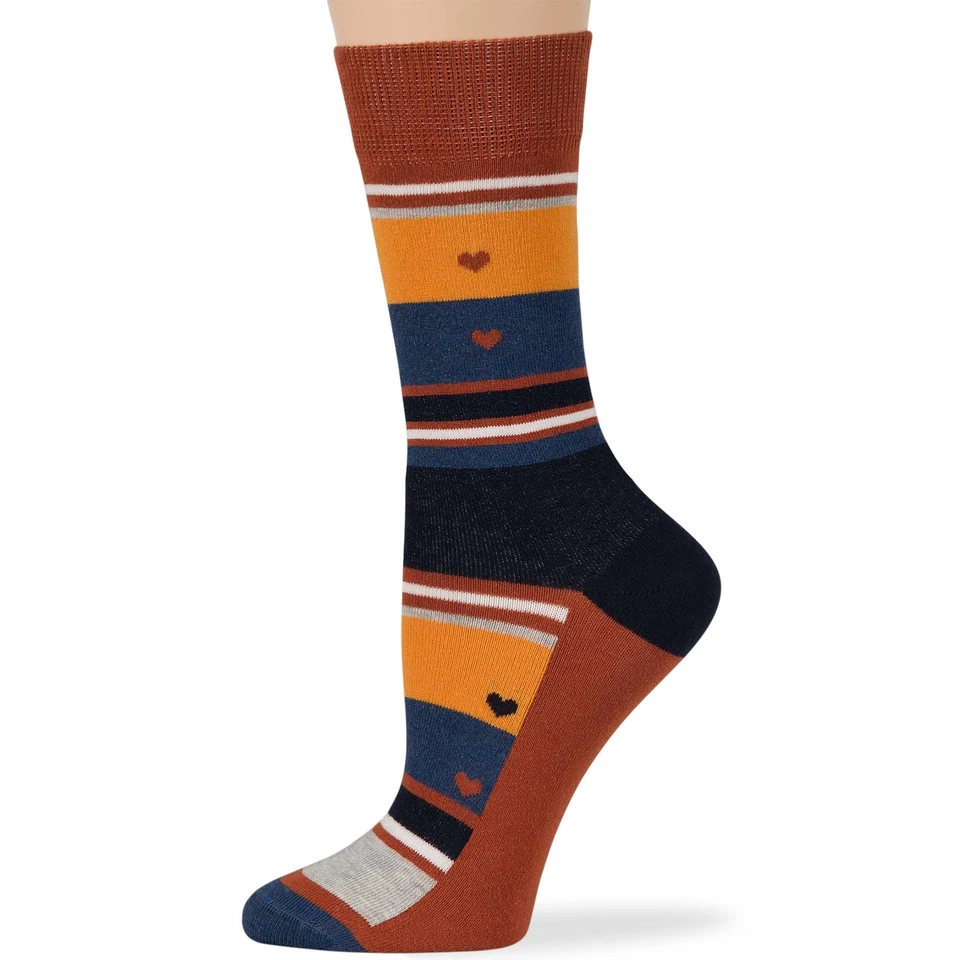 Women Cotton Crew Socks-4 Pack Medium- Heart-Stripe -Navy Blue Brown Orange - Image 3 of 4