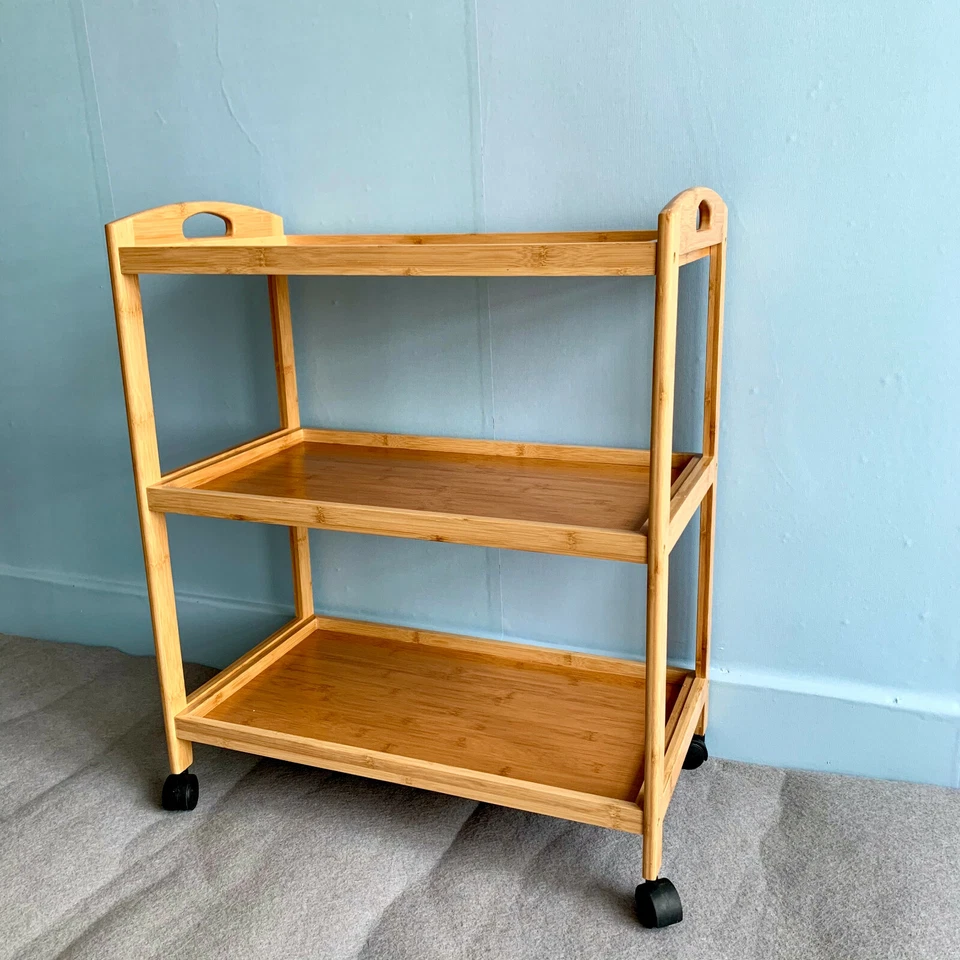 Bamboo 3 Tier Kitchen Storage Rack Tea Serving Trolley Island Cart With Wheels - Image 2 of 4
