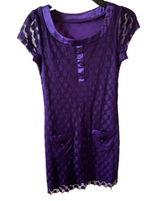 Express Party Dress Womens Small Purple Ladies Lace Fit Flare Sheer Cap Sleeves