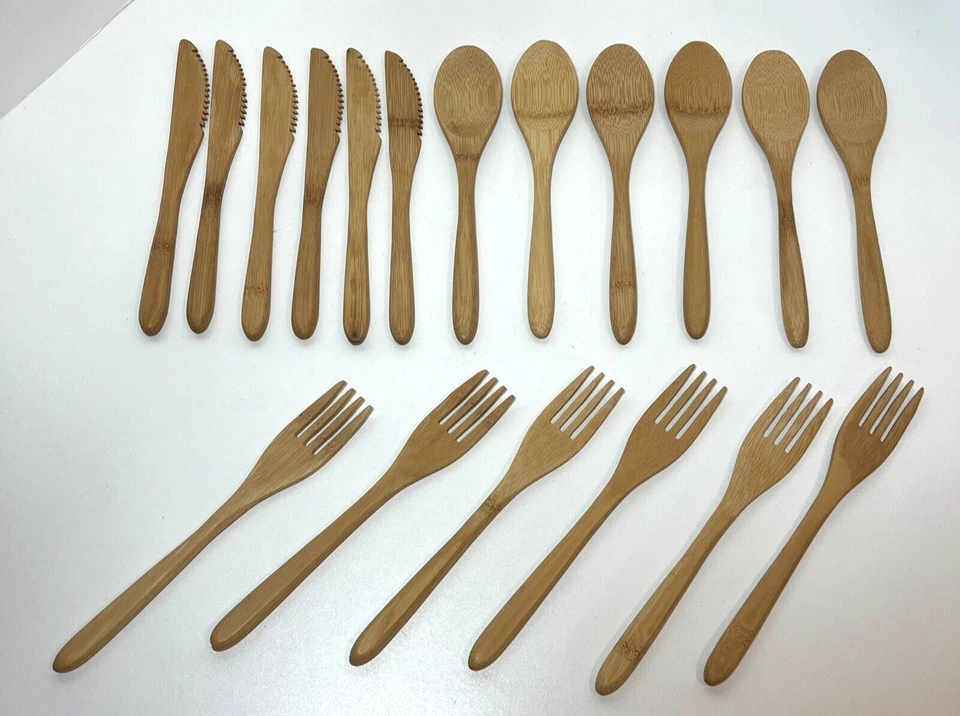 Бамбуковые столовые приборы 18 шт вилка нож ложка многоразовая посуда набор зеленый путешествий - Изображение 2 из 4