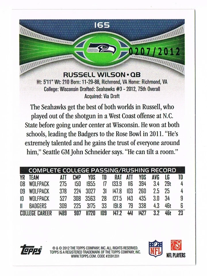 2012 Topps Rookie Gold #165 Russell Wilson 0207/2012 RC - Image 2 of 2