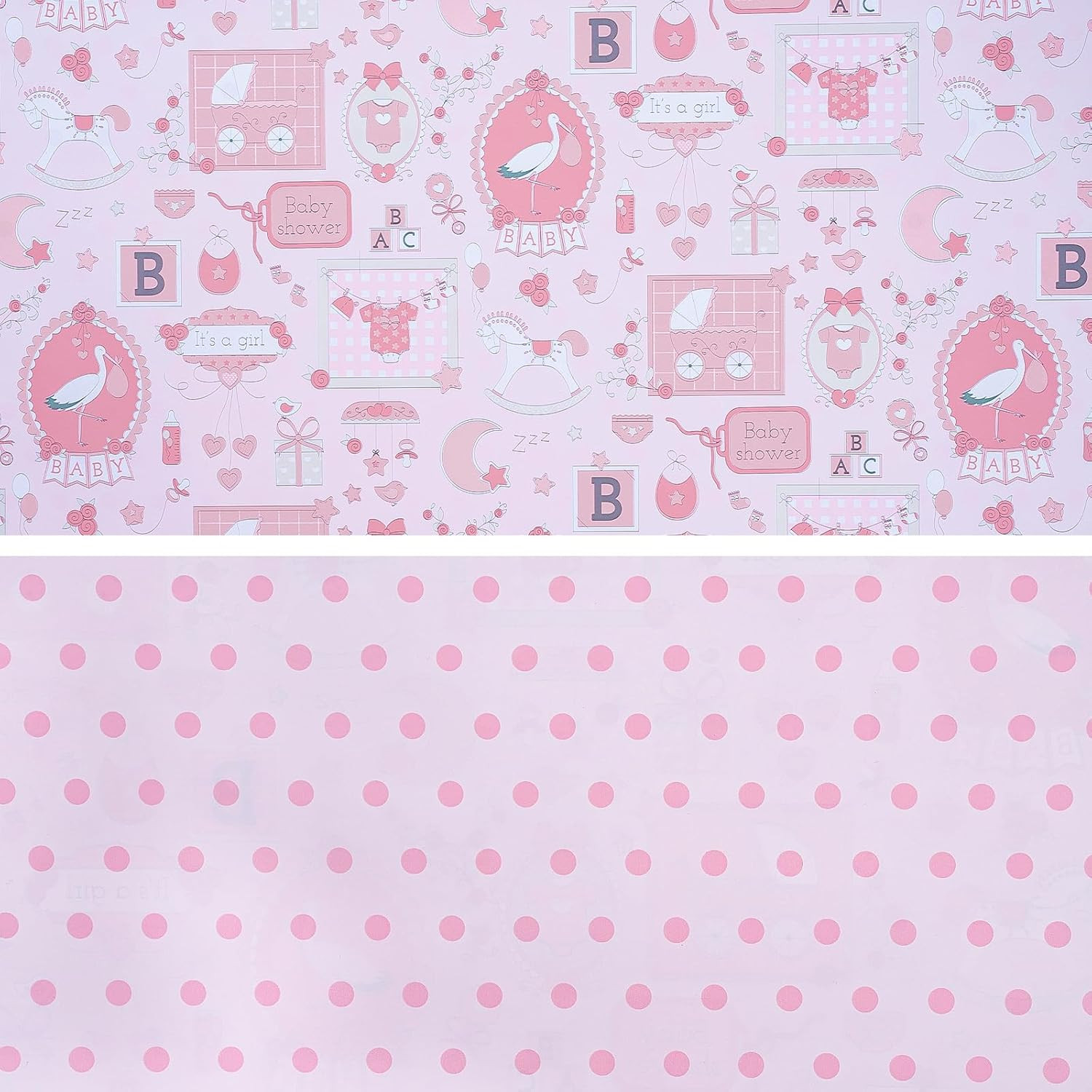 Reversible Pink Baby Shower Wrapping Paper Roll, Baby Girl Room, Baby Stroller,