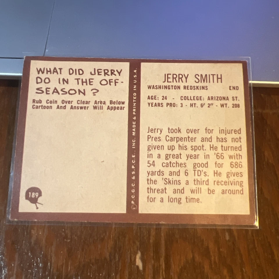 Jerry Smith 1967 Philadelphia Football Rookie Card RC #189 Redskins EX - Image 4 of 4