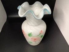 Fenton Ruffled Art Glass Vase Swril Opalesent Hand Painted