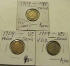 1909 INDIAN HEAD 1909 P. 1909 V.D.B. LINCOLN HEAD CENT PENNY LOT(V.F. DETAIL)